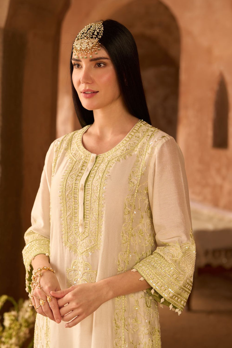 ENA - DAISY IVORY WITH MINT GREEN LONG A-LINE KURTA WITH PALAZZO AND DUPATTA silk organza kurta/kurta set by SHEETAL BATRA in daisy ivory with mint green for women Worldwide