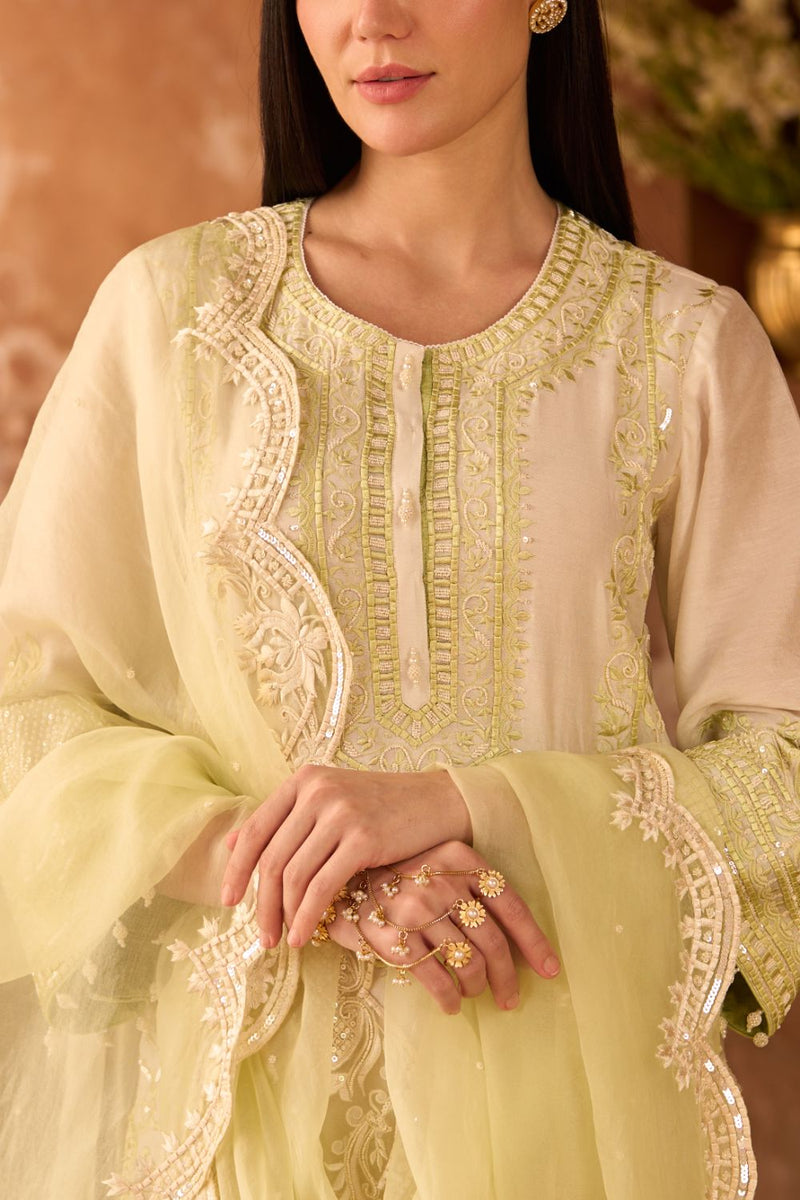 ENA - DAISY IVORY WITH MINT GREEN LONG A-LINE KURTA WITH PALAZZO AND DUPATTA silk organza kurta/kurta set by SHEETAL BATRA in daisy ivory with mint green for women Worldwide