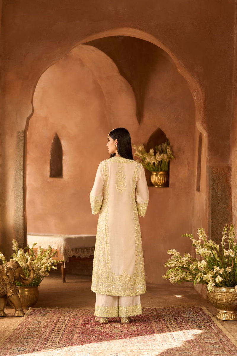 ENA - DAISY IVORY WITH MINT GREEN LONG A-LINE KURTA WITH PALAZZO AND DUPATTA silk organza kurta/kurta set by SHEETAL BATRA in daisy ivory with mint green for women Worldwide