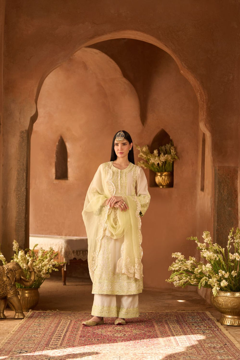 ENA - DAISY IVORY WITH MINT GREEN LONG A-LINE KURTA WITH PALAZZO AND DUPATTA silk organza kurta/kurta set by SHEETAL BATRA in daisy ivory with mint green for women Worldwide