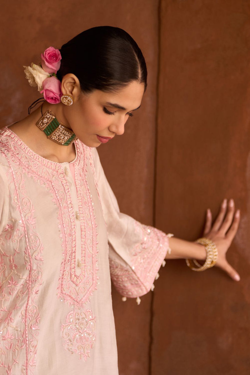 ENA - DAISY IVORY WITH PINK LONG A-LINE KURTA WITH PALAZZO AND DUPATTA silk organza kurta/kurta set by SHEETAL BATRA in daisy ivory with pink for women Worldwide