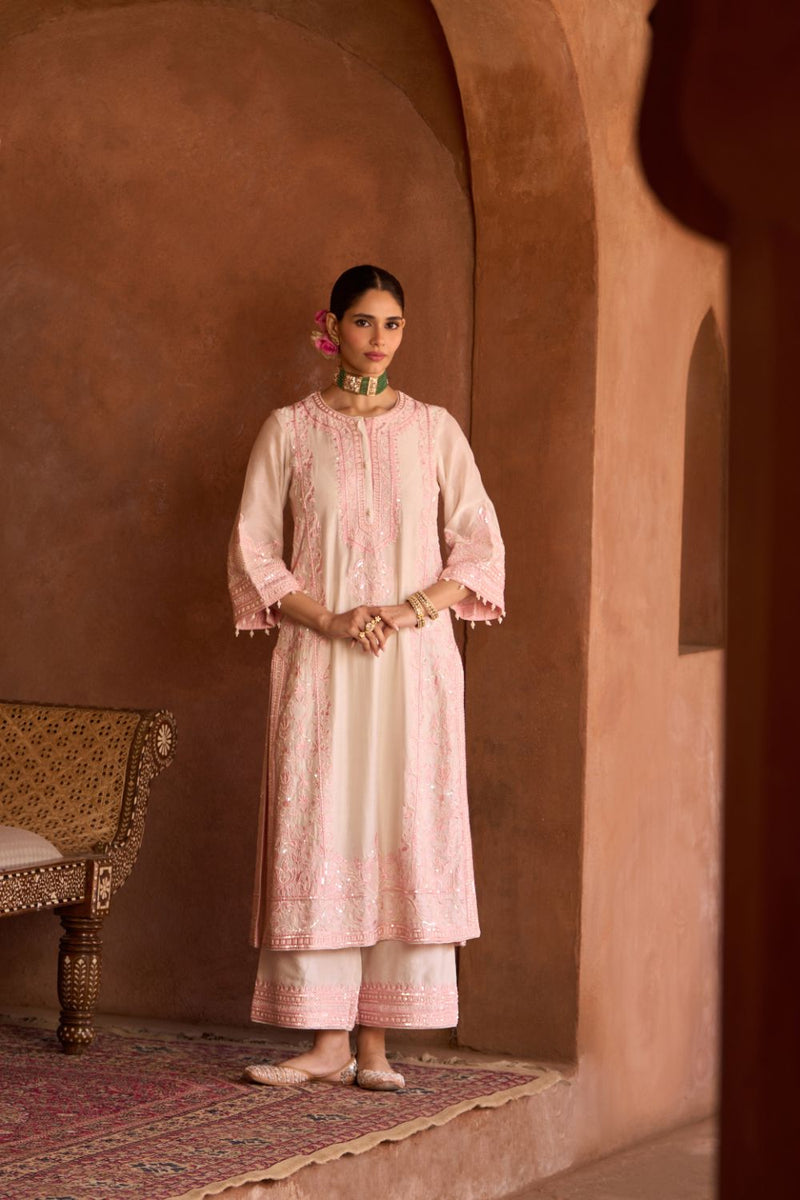ENA - DAISY IVORY WITH PINK LONG A-LINE KURTA WITH PALAZZO AND DUPATTA silk organza kurta/kurta set by SHEETAL BATRA in daisy ivory with pink for women Worldwide