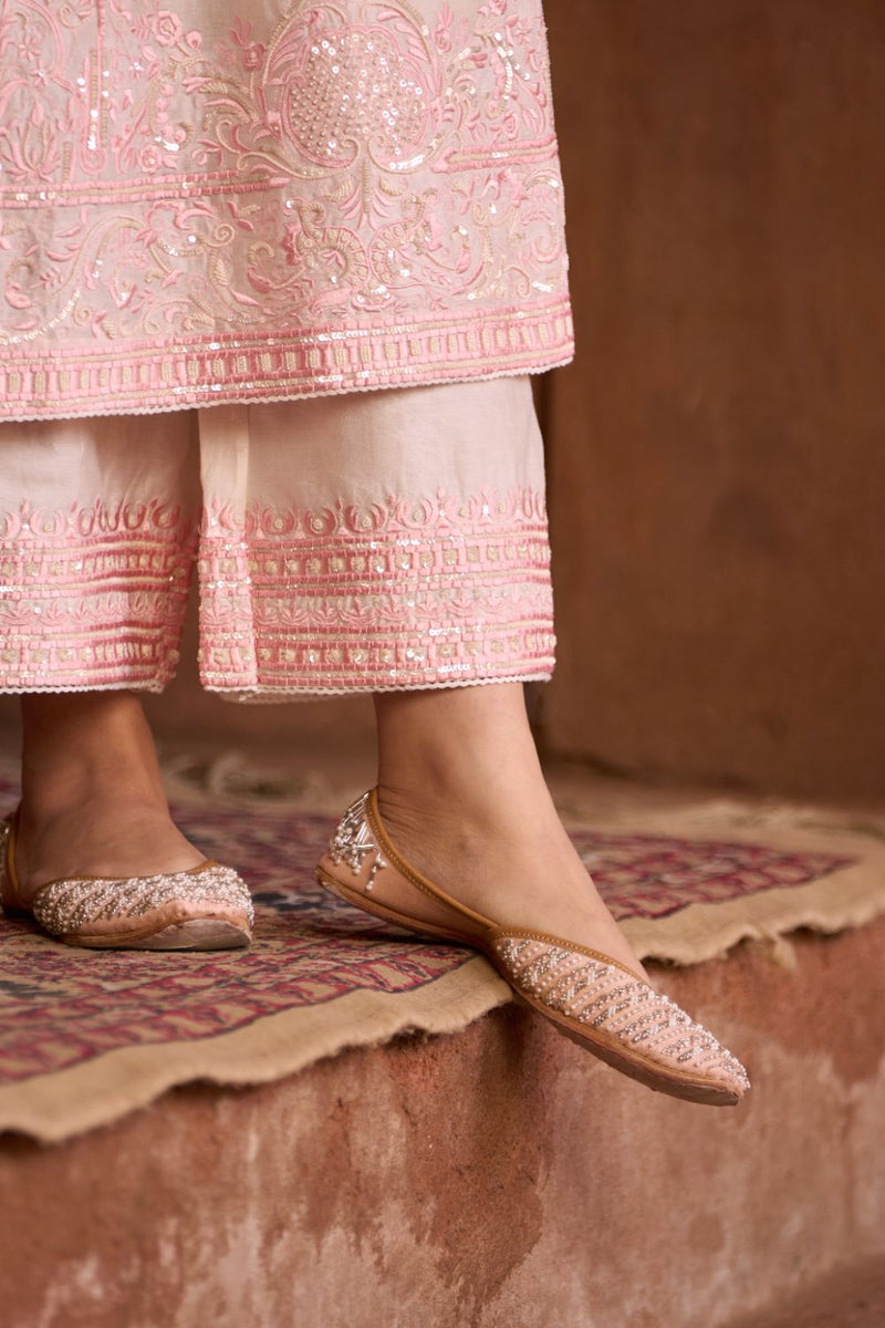 ENA - DAISY IVORY WITH PINK LONG A-LINE KURTA WITH PALAZZO AND DUPATTA silk organza kurta/kurta set by SHEETAL BATRA in daisy ivory with pink for women Worldwide