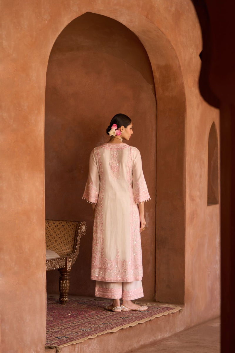 ENA - DAISY IVORY WITH PINK LONG A-LINE KURTA WITH PALAZZO AND DUPATTA silk organza kurta/kurta set by SHEETAL BATRA in daisy ivory with pink for women Worldwide
