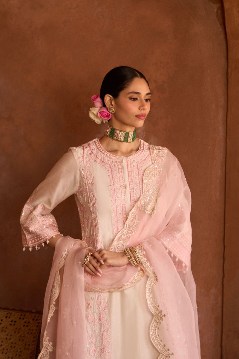 ENA - DAISY IVORY WITH PINK LONG A-LINE KURTA WITH PALAZZO AND DUPATTA silk organza kurta/kurta set by SHEETAL BATRA in daisy ivory with pink for women Worldwide