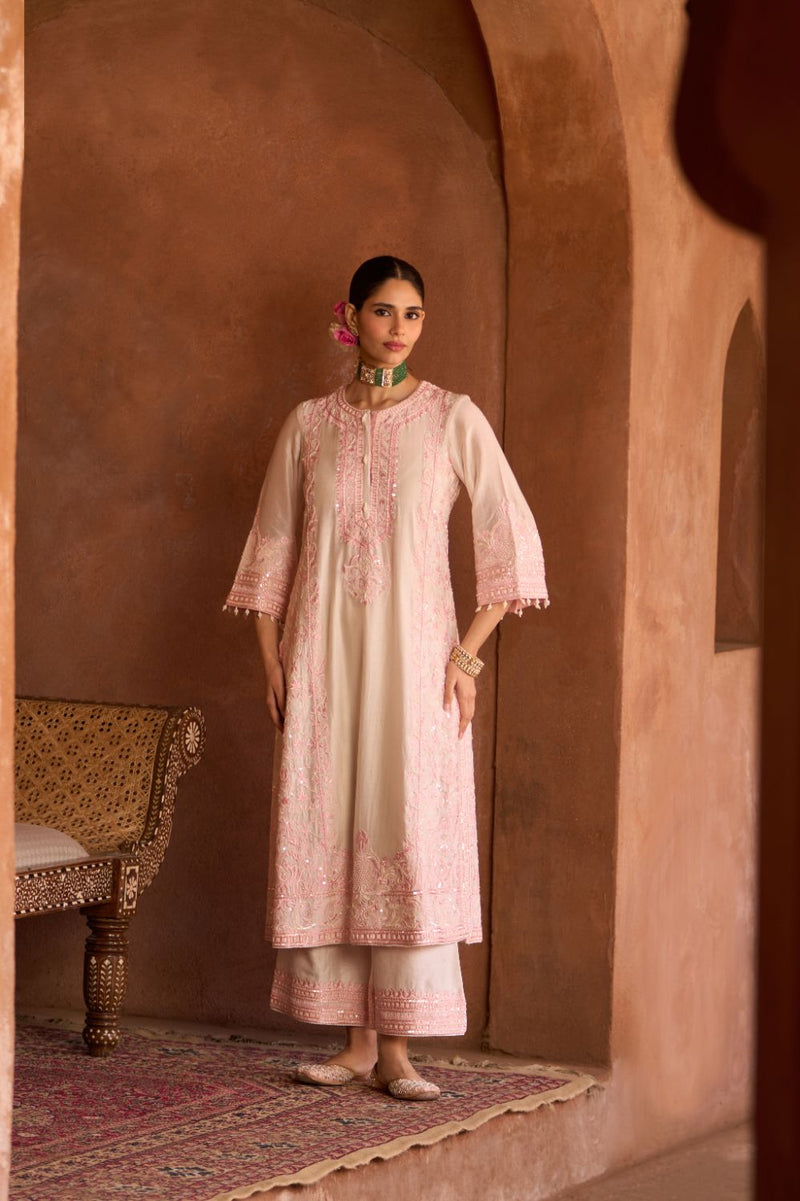 ENA - DAISY IVORY WITH PINK LONG A-LINE KURTA WITH PALAZZO AND DUPATTA silk organza kurta/kurta set by SHEETAL BATRA in daisy ivory with pink for women Worldwide