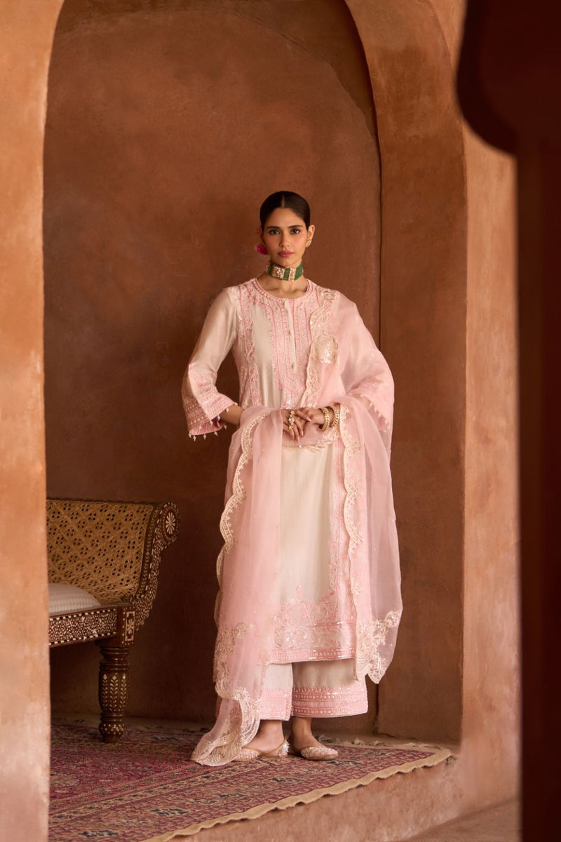 ENA - DAISY IVORY WITH PINK LONG A-LINE KURTA WITH PALAZZO AND DUPATTA silk organza kurta/kurta set by SHEETAL BATRA in daisy ivory with pink for women Worldwide