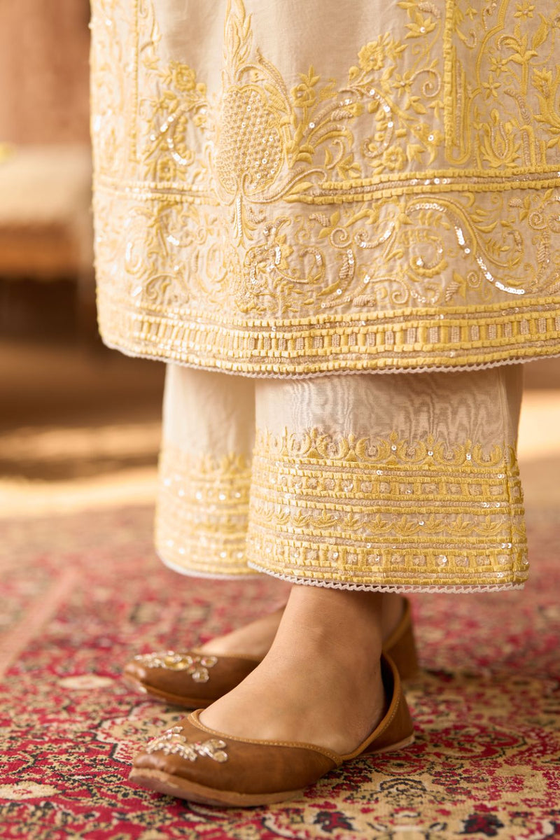ENA - DAISY IVORY WITH LEMON YELLOW LONG A-LINE KURTA WITH PALAZZO AND DUPATTA silk organza kurta/kurta set by SHEETAL BATRA in daisy ivory with lemon yellow for women Worldwide