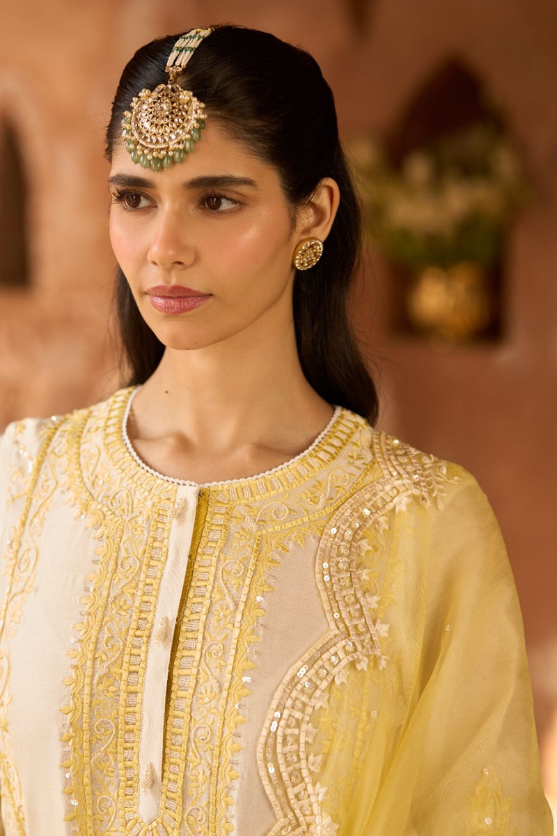 ENA - DAISY IVORY WITH LEMON YELLOW LONG A-LINE KURTA WITH PALAZZO AND DUPATTA silk organza kurta/kurta set by SHEETAL BATRA in daisy ivory with lemon yellow for women Worldwide