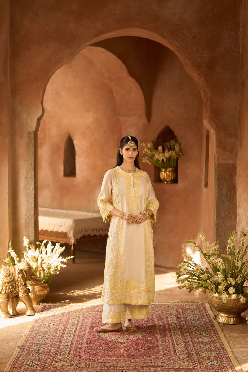 ENA - DAISY IVORY WITH LEMON YELLOW LONG A-LINE KURTA WITH PALAZZO AND DUPATTA silk organza kurta/kurta set by SHEETAL BATRA in daisy ivory with lemon yellow for women Worldwide