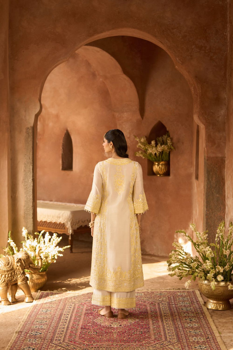 ENA - DAISY IVORY WITH LEMON YELLOW LONG A-LINE KURTA WITH PALAZZO AND DUPATTA silk organza kurta/kurta set by SHEETAL BATRA in daisy ivory with lemon yellow for women Worldwide