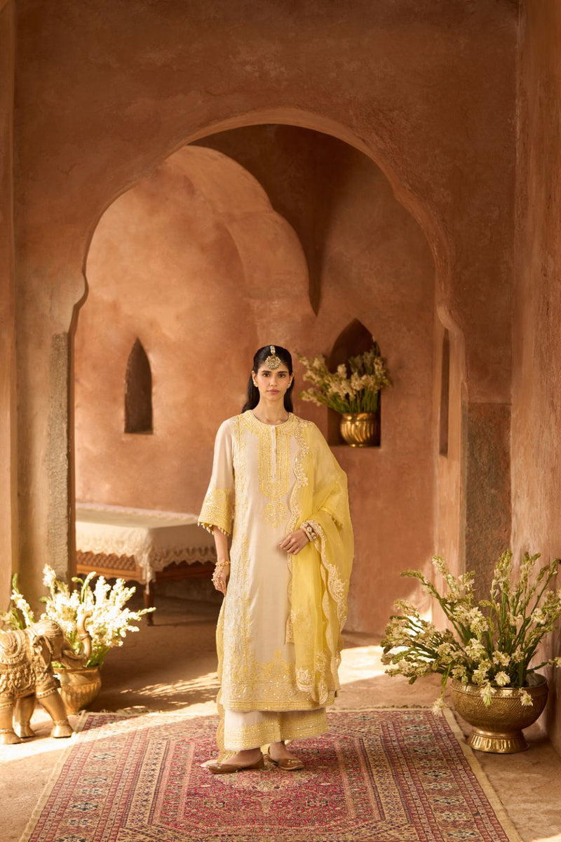 ENA - DAISY IVORY WITH LEMON YELLOW LONG A-LINE KURTA WITH PALAZZO AND DUPATTA silk organza kurta/kurta set by SHEETAL BATRA in daisy ivory with lemon yellow for women Worldwide