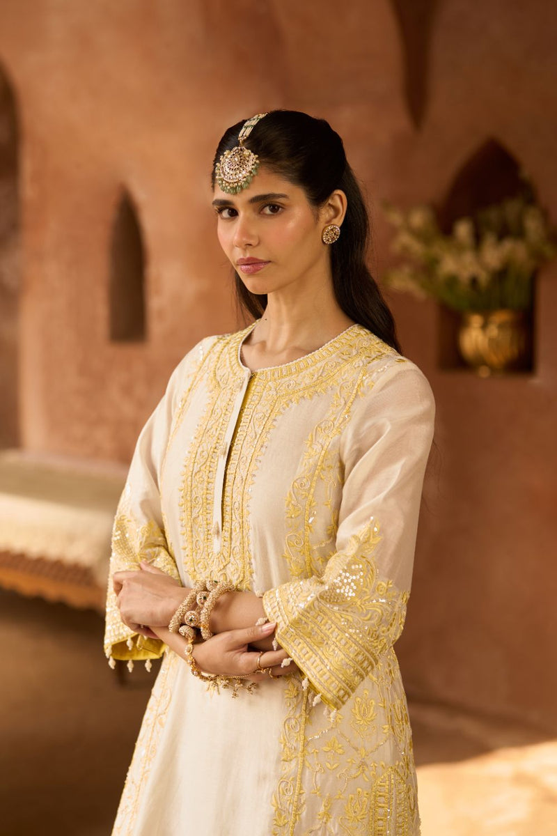 ENA - DAISY IVORY WITH LEMON YELLOW LONG A-LINE KURTA WITH PALAZZO AND DUPATTA silk organza kurta/kurta set by SHEETAL BATRA in daisy ivory with lemon yellow for women Worldwide