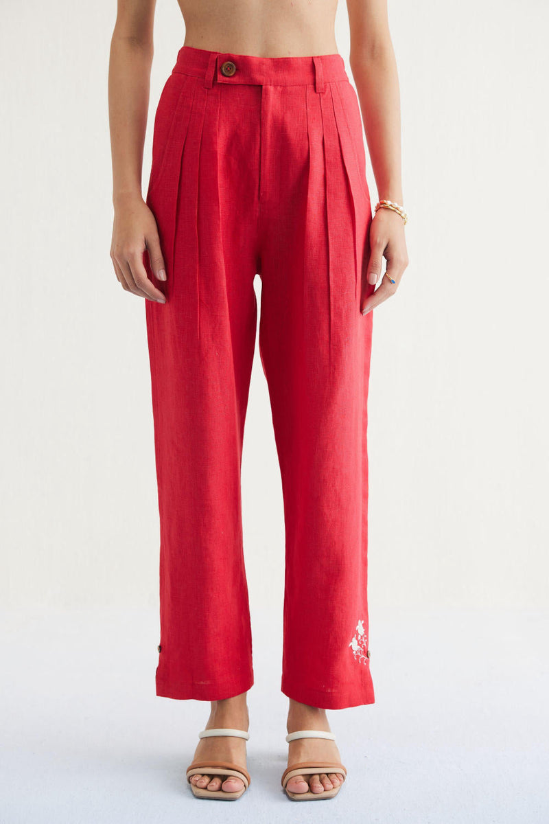 Ebb & Flow Sunset Linen Trousers by SUI in red color for women Worldwide