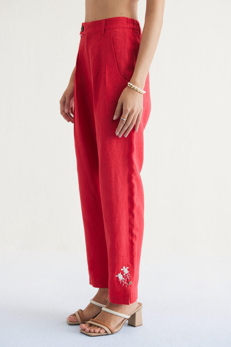 Ebb & Flow Sunset Linen Trousers by SUI in red color for women Worldwide