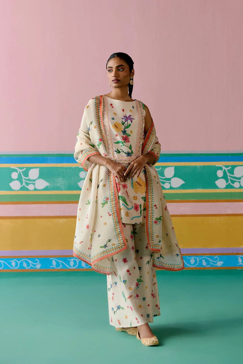 Ecru Floral Sleeveless Kurta Set chanderi by Label Mogra in ecru color for women Worldwide