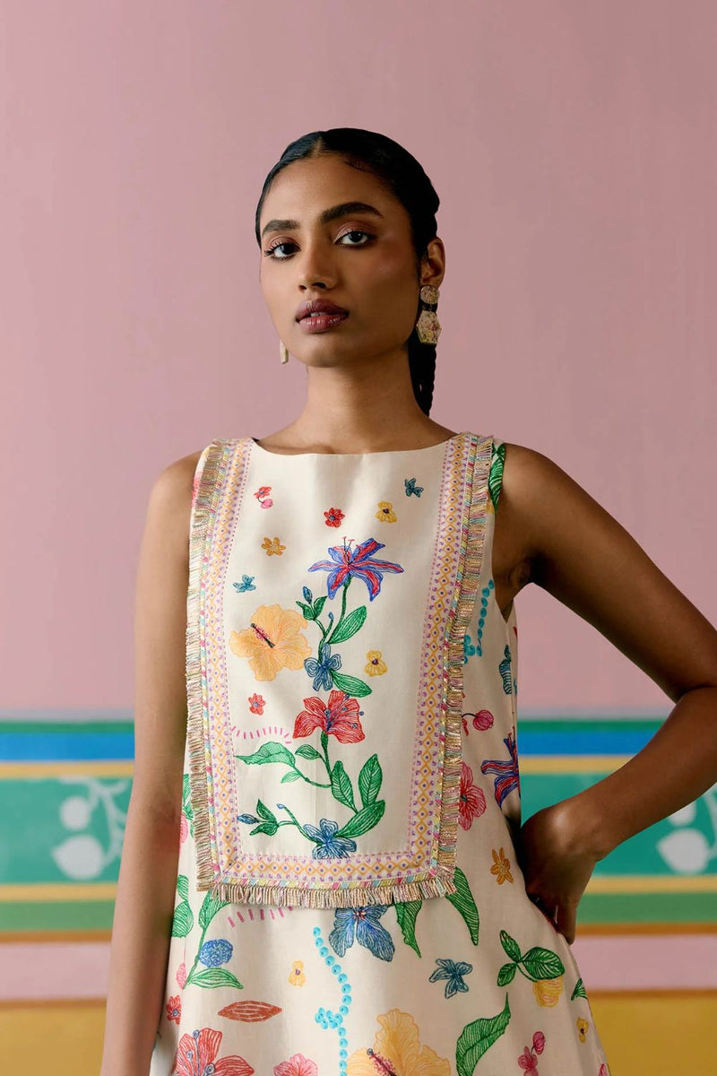 Ecru Floral Sleeveless Kurta Set chanderi by Label Mogra in ecru color for women Worldwide
