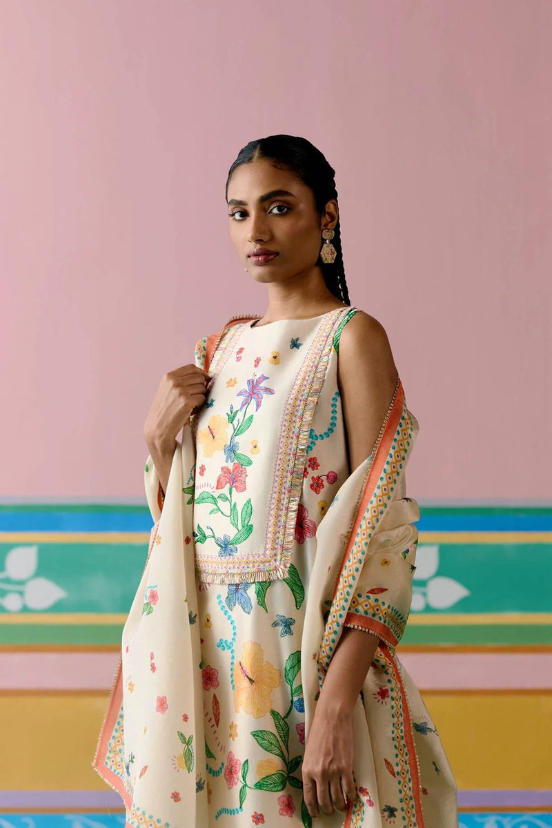 Ecru Floral Sleeveless Kurta Set chanderi by Label Mogra in ecru color for women Worldwide