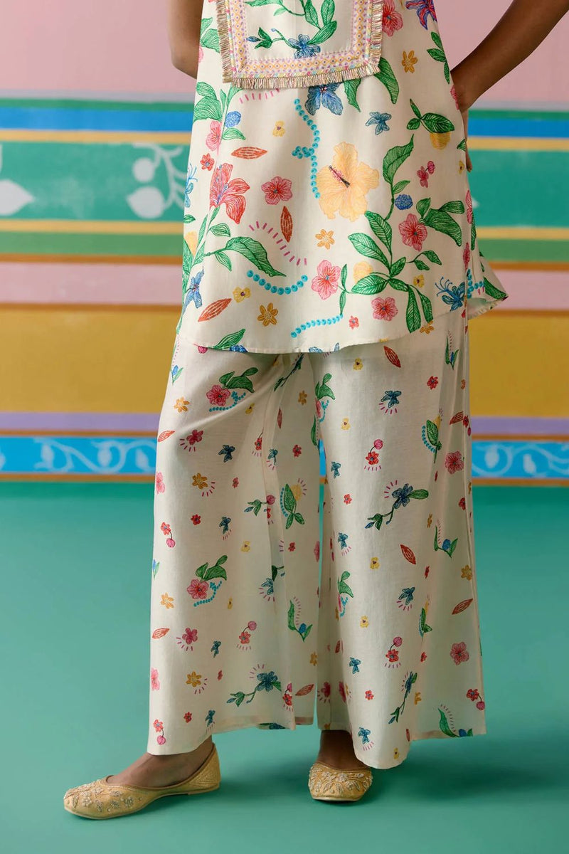 Ecru Floral Sleeveless Kurta Set chanderi by Label Mogra in ecru color for women Worldwide