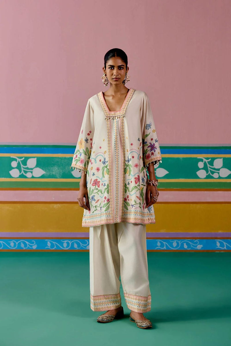 Ecru Floral Square Neck Kurta Set chanderi by Label Mogra in ecru color for women Worldwide