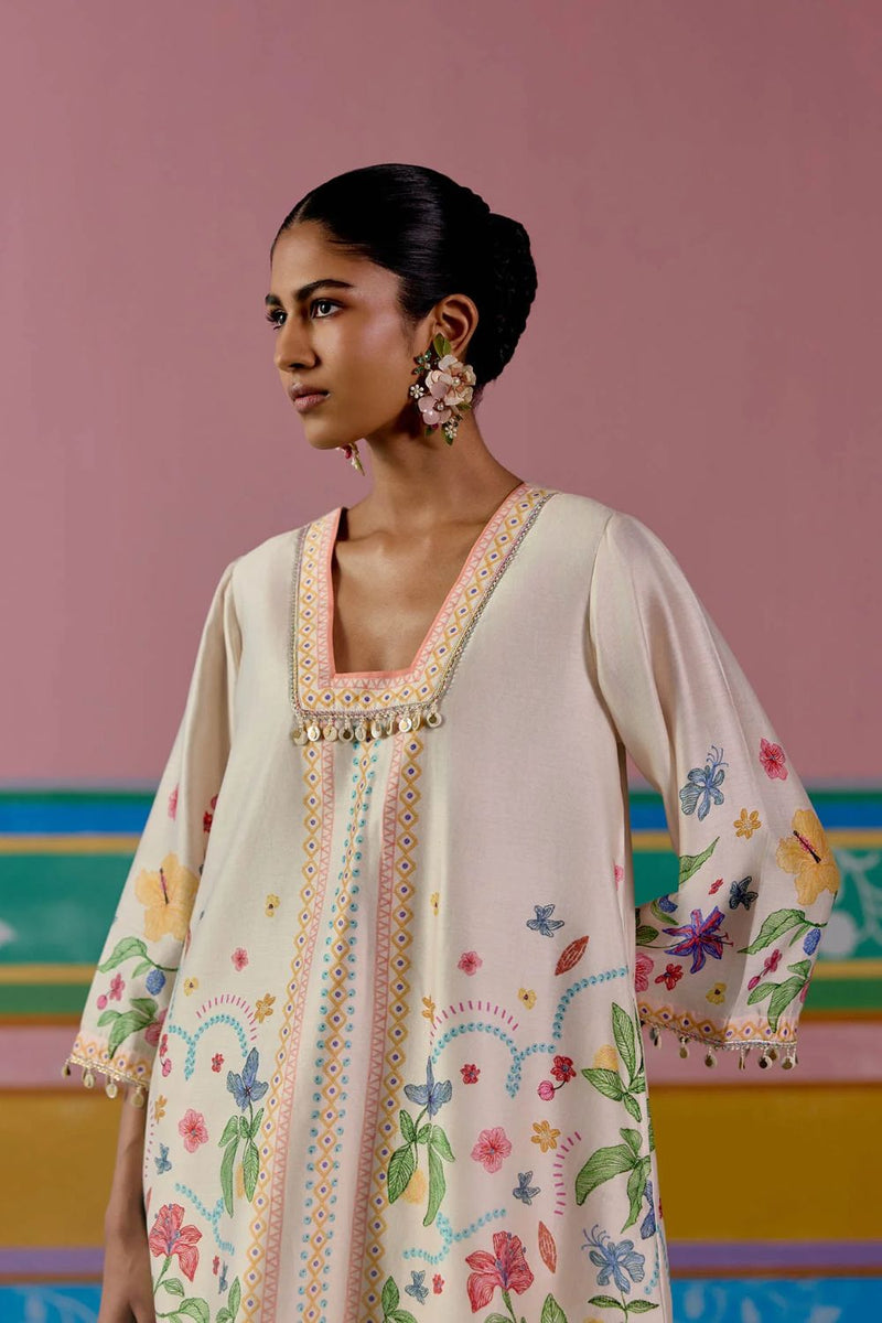 Ecru Floral Square Neck Kurta Set chanderi by Label Mogra in ecru color for women Worldwide