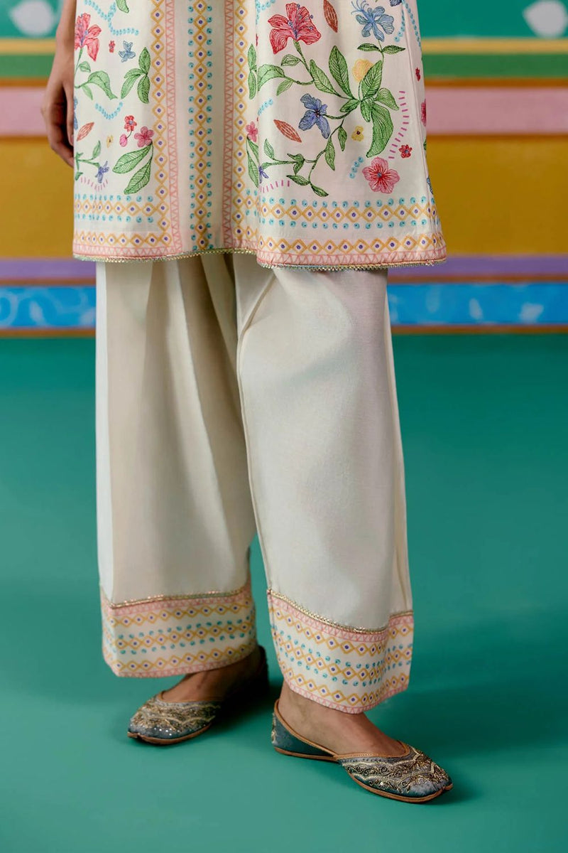 Ecru Floral Square Neck Kurta Set chanderi by Label Mogra in ecru color for women Worldwide