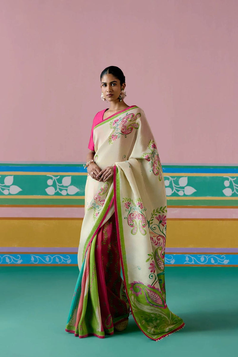 Ecru & Green Paisley Saree by Label Mogra in green color for women Worldwide