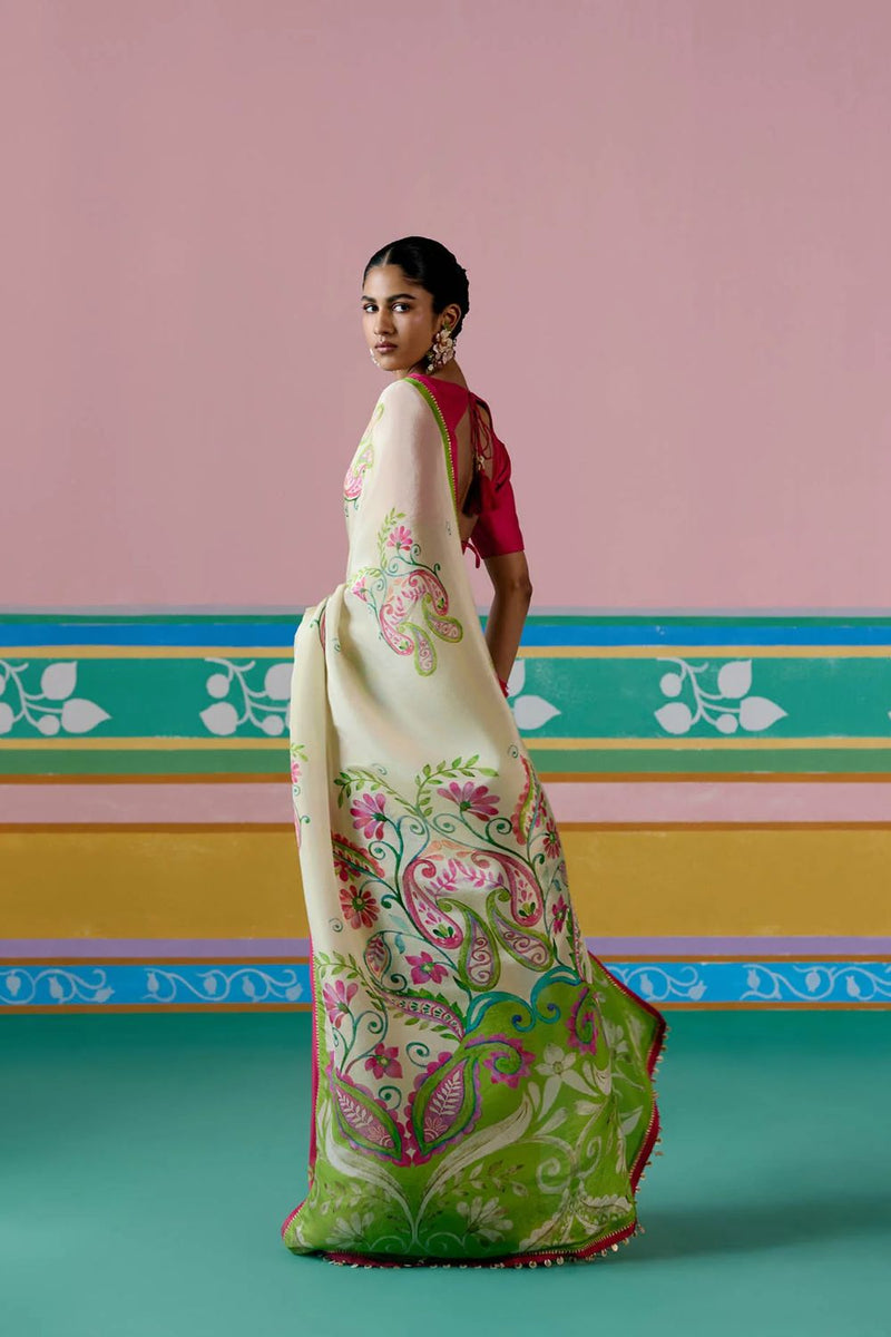 Ecru & Green Paisley Saree by Label Mogra in green color for women Worldwide