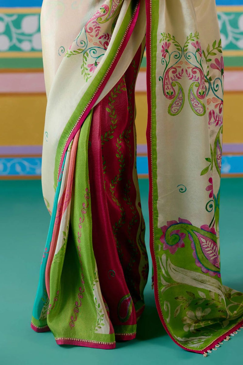 Ecru & Green Paisley Saree by Label Mogra in green color for women Worldwide