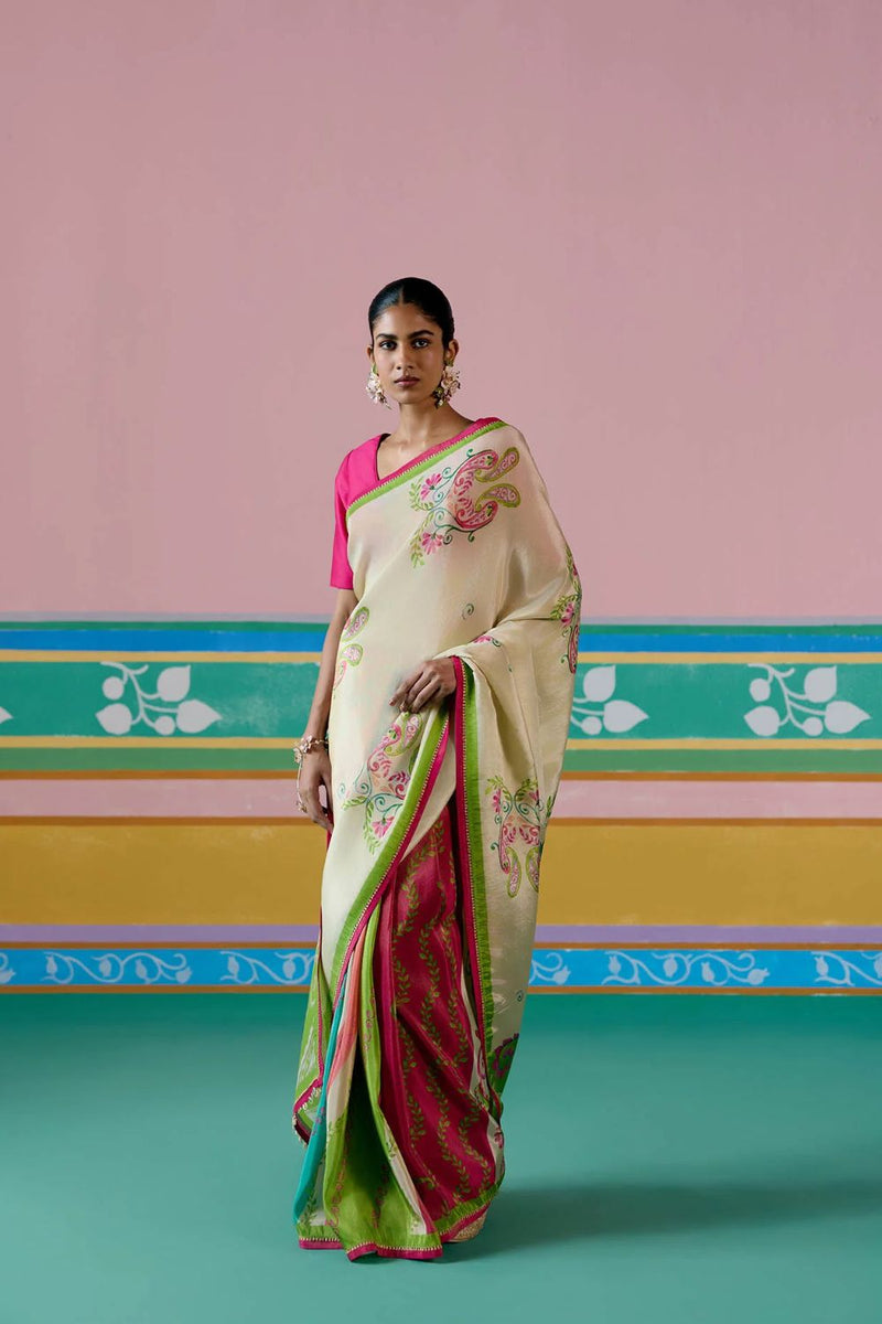 Ecru & Green Paisley Saree by Label Mogra in green color for women Worldwide