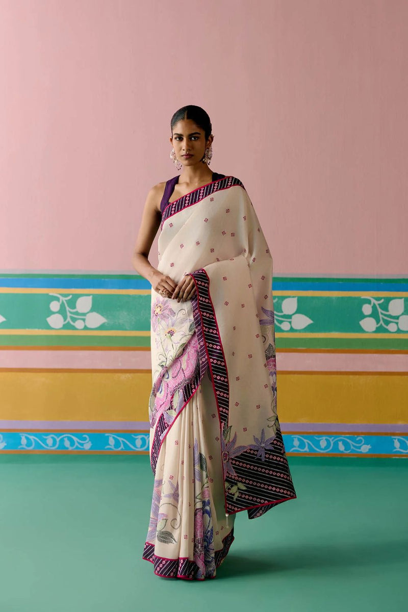 Ecru & Purple Ikkat Saree by Label Mogra in purple color for women Worldwide