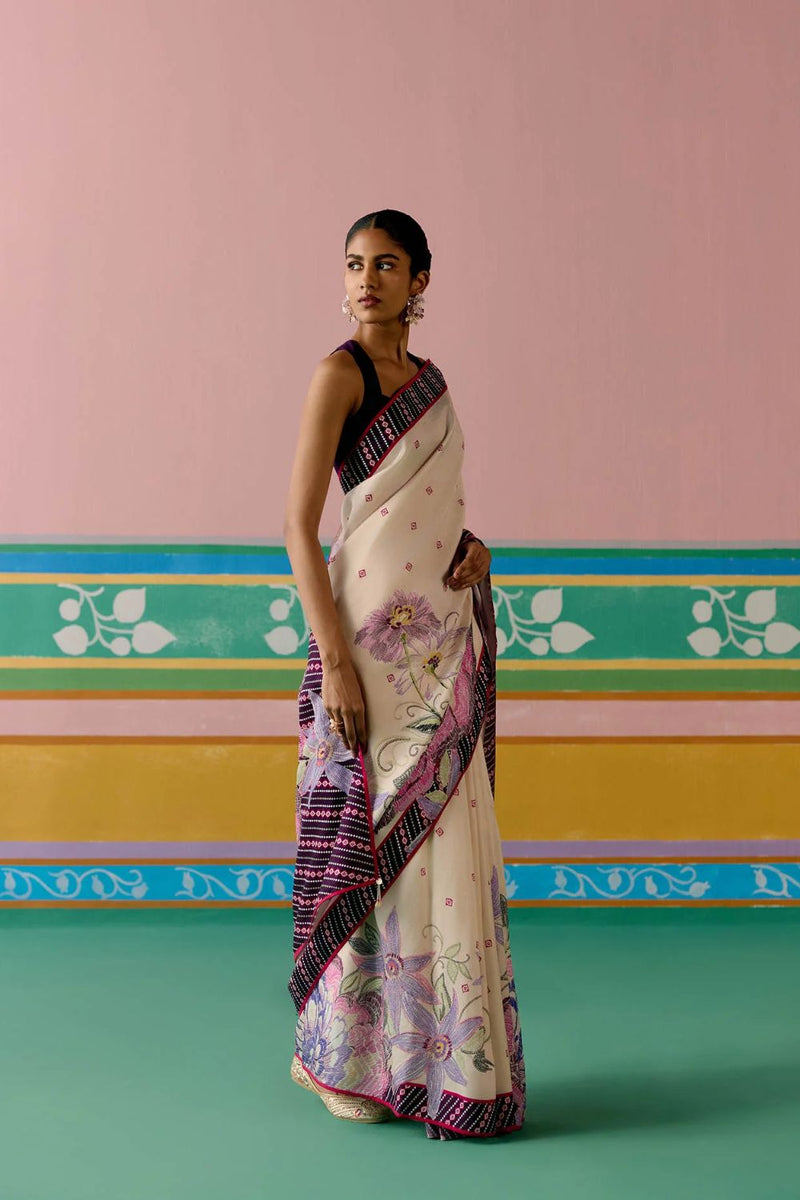 Ecru & Purple Ikkat Saree by Label Mogra in purple color for women Worldwide