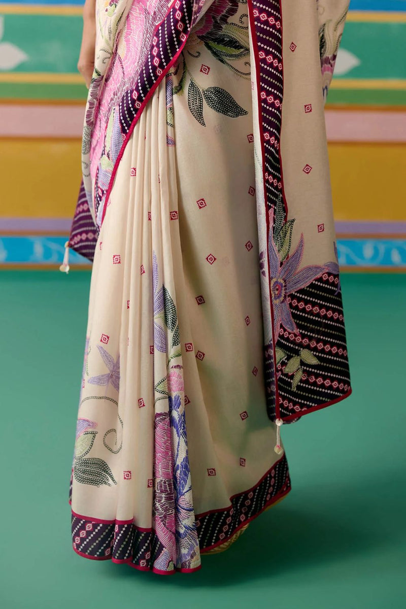 Ecru & Purple Ikkat Saree by Label Mogra in purple color for women Worldwide