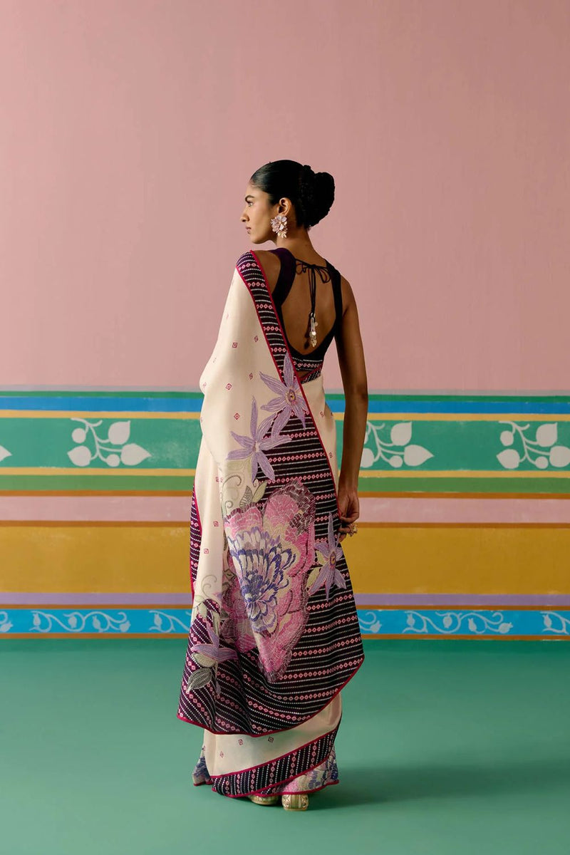 Ecru & Purple Ikkat Saree by Label Mogra in purple color for women Worldwide