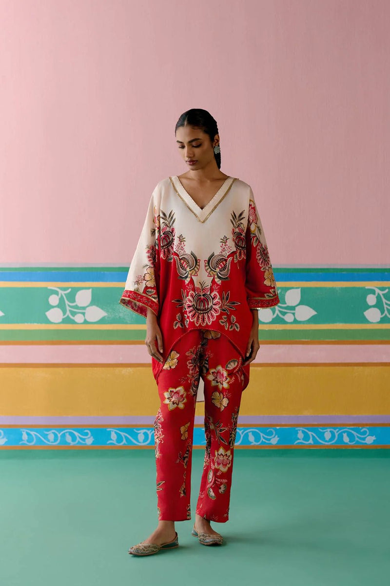 Ecru & Red Floral Kaftan Set (Short) chanderi by Label Mogra in red color for women Worldwide