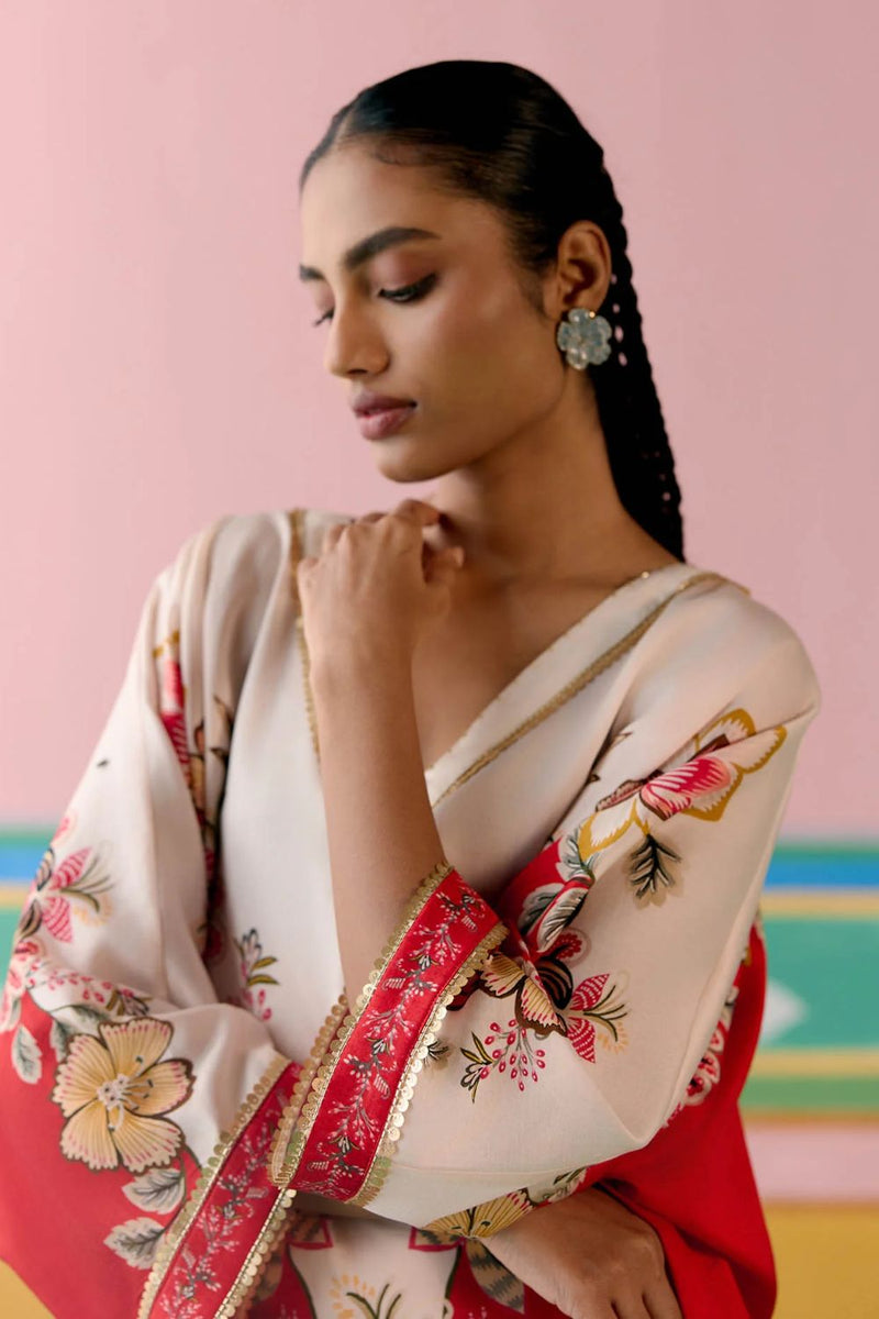 Ecru & Red Floral Kaftan Set (Short) chanderi by Label Mogra in red color for women Worldwide
