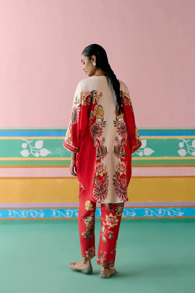 Ecru & Red Floral Kaftan Set (Short) chanderi by Label Mogra in red color for women Worldwide