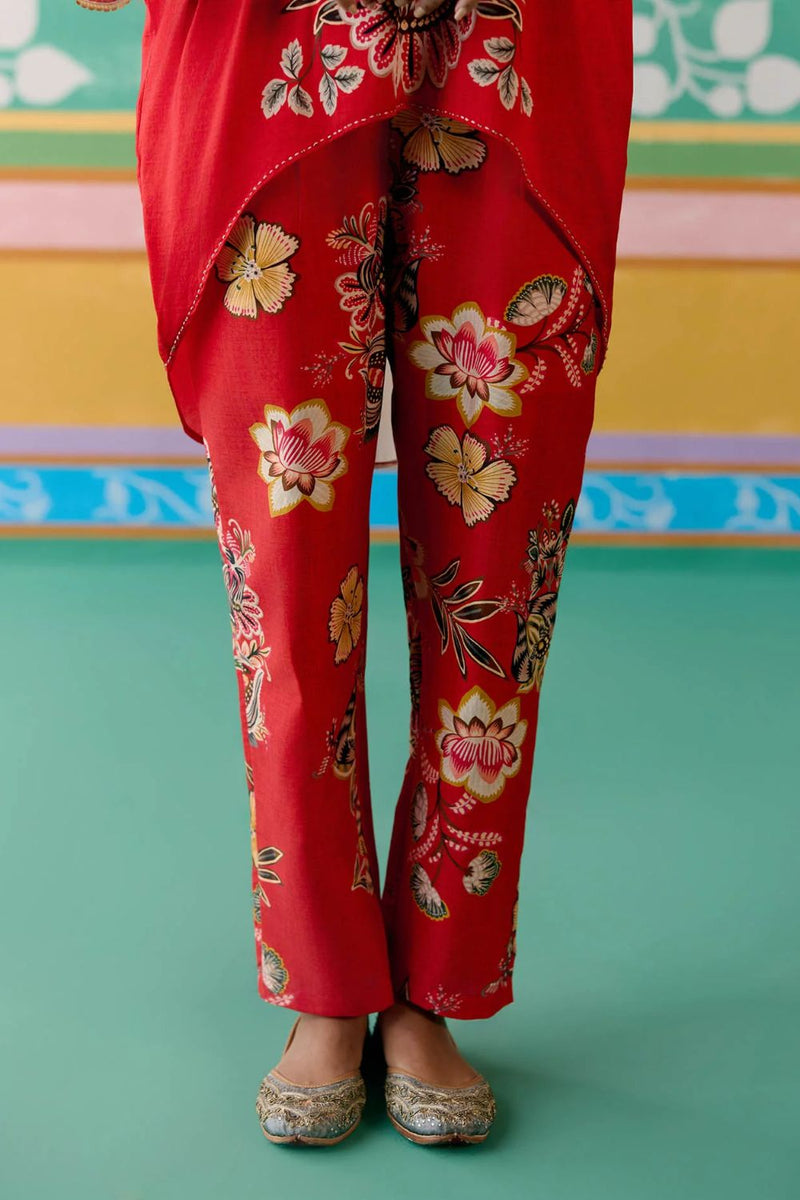 Ecru & Red Floral Kaftan Set (Short) chanderi by Label Mogra in red color for women Worldwide