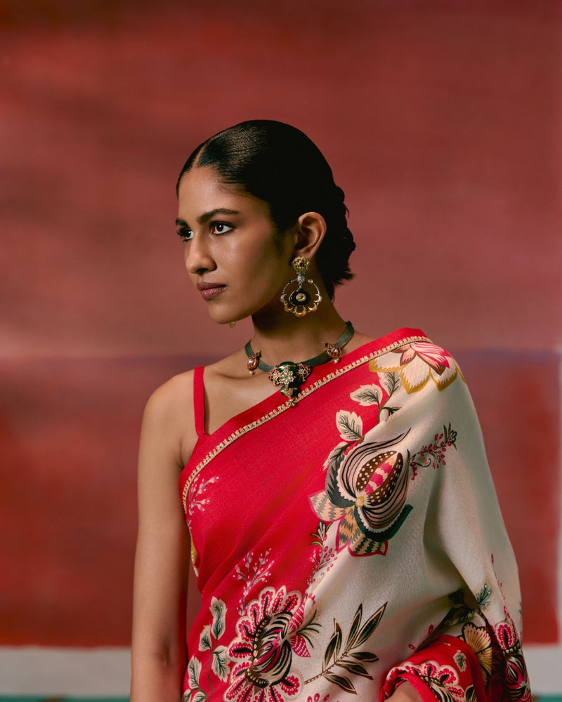 Ecru & Red Floral Saree chanderi by Label Mogra in red color for women Worldwide
