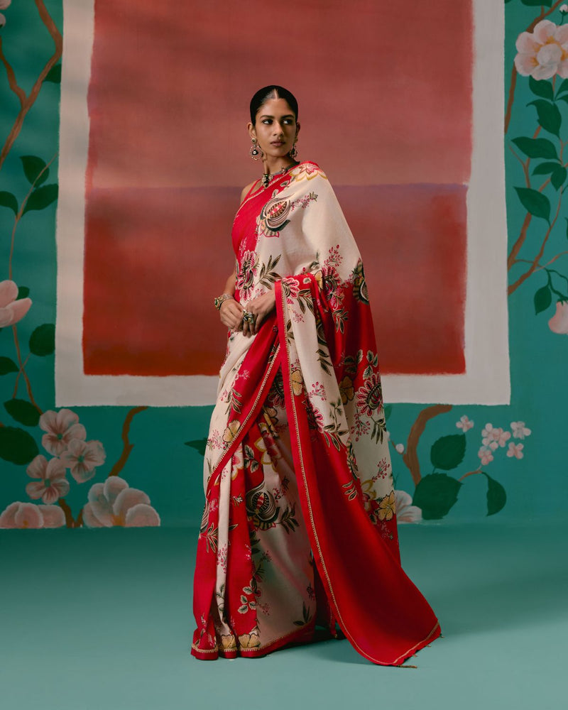 Ecru & Red Floral Saree chanderi by Label Mogra in red color for women Worldwide