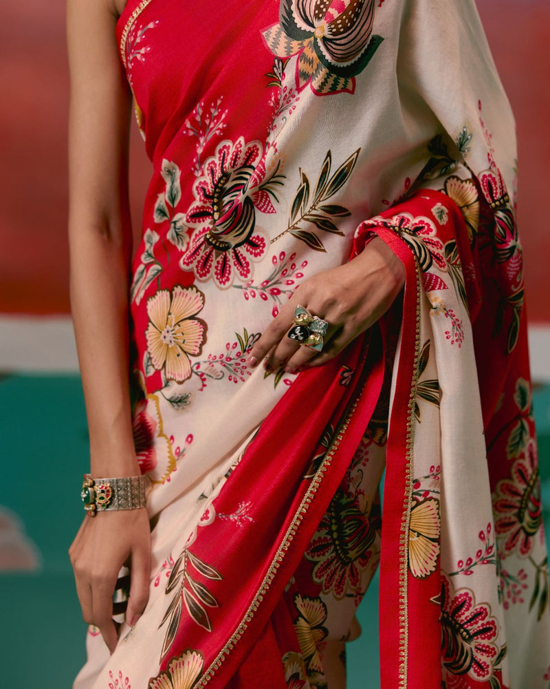Ecru & Red Floral Saree chanderi by Label Mogra in red color for women Worldwide