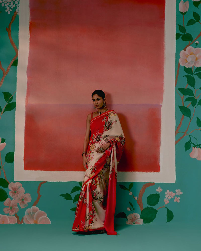 Ecru & Red Floral Saree chanderi by Label Mogra in red color for women Worldwide