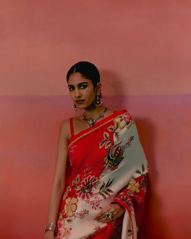 Ecru & Red Floral Saree chanderi by Label Mogra in red color for women Worldwide