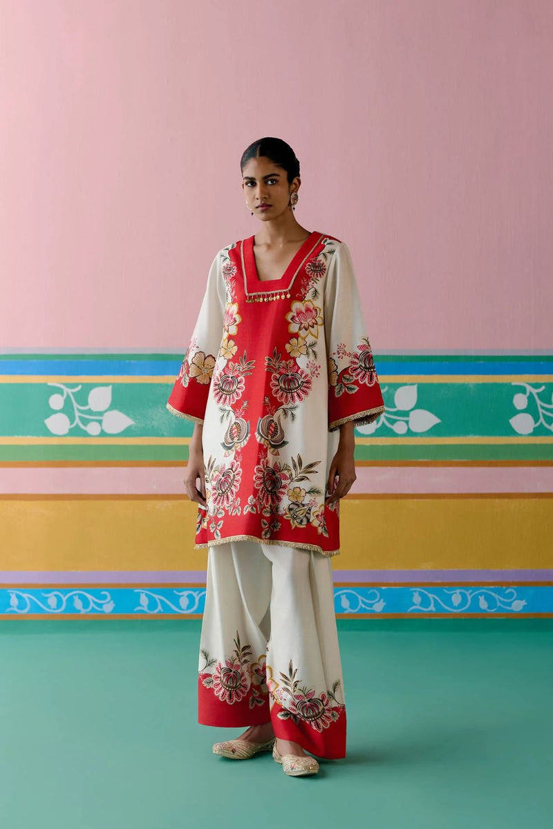 Ecru & Red Floral Square Neck Kurta Set chanderi by Label Mogra in red color for women Worldwide
