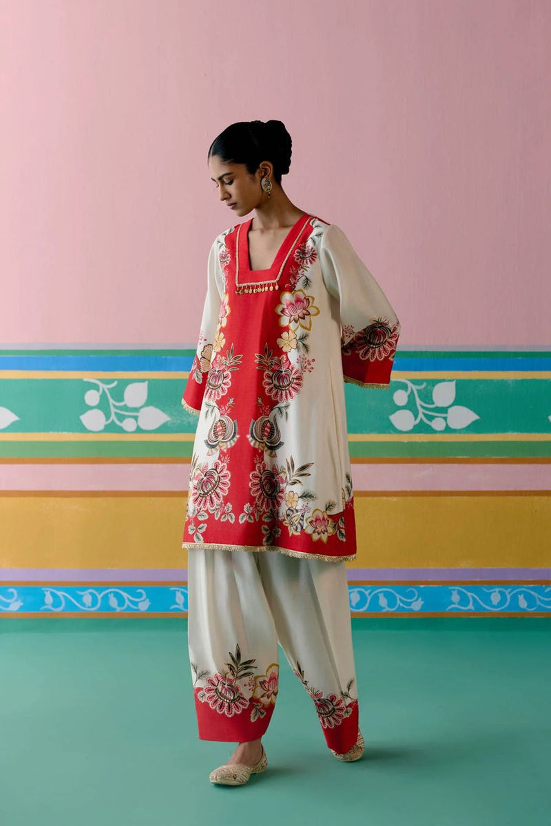 Ecru & Red Floral Square Neck Kurta Set chanderi by Label Mogra in red color for women Worldwide