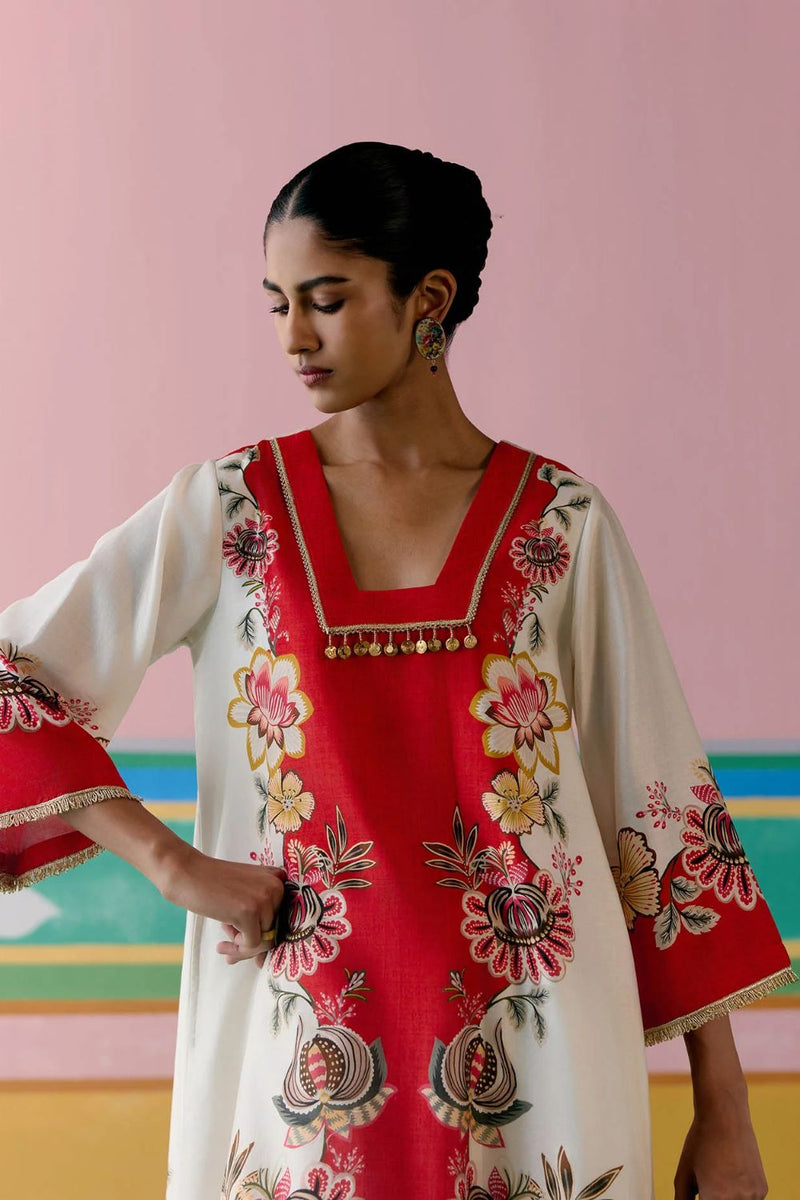 Ecru & Red Floral Square Neck Kurta Set chanderi by Label Mogra in red color for women Worldwide