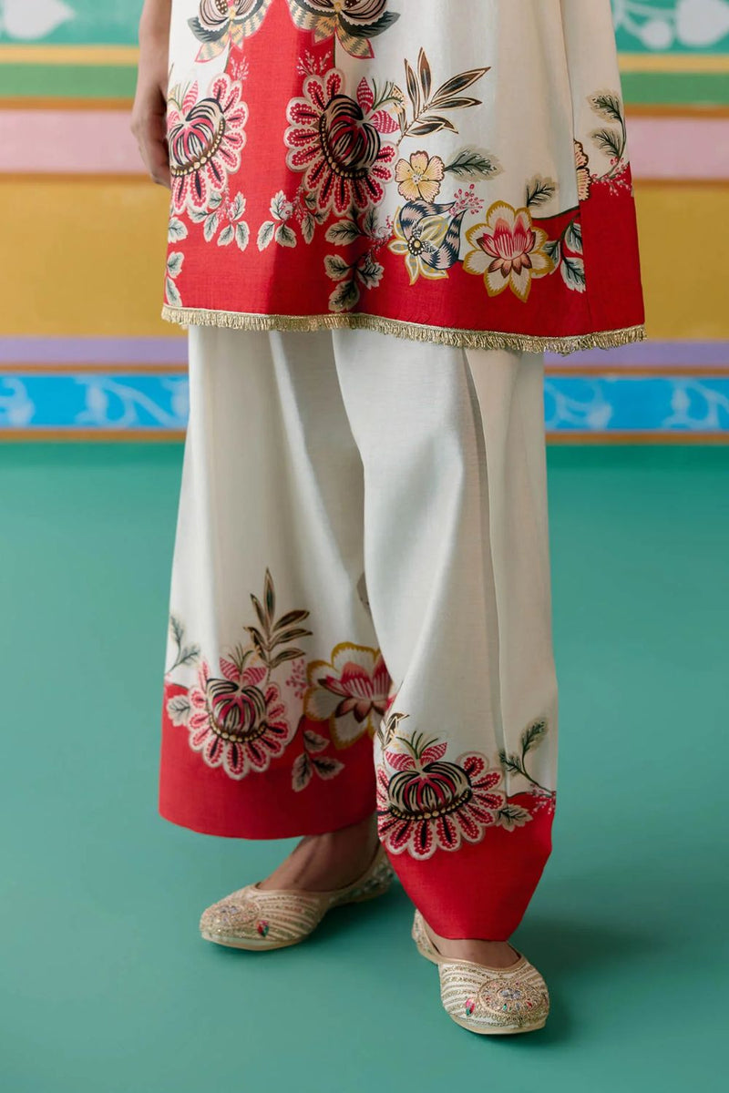 Ecru & Red Floral Square Neck Kurta Set chanderi by Label Mogra in red color for women Worldwide