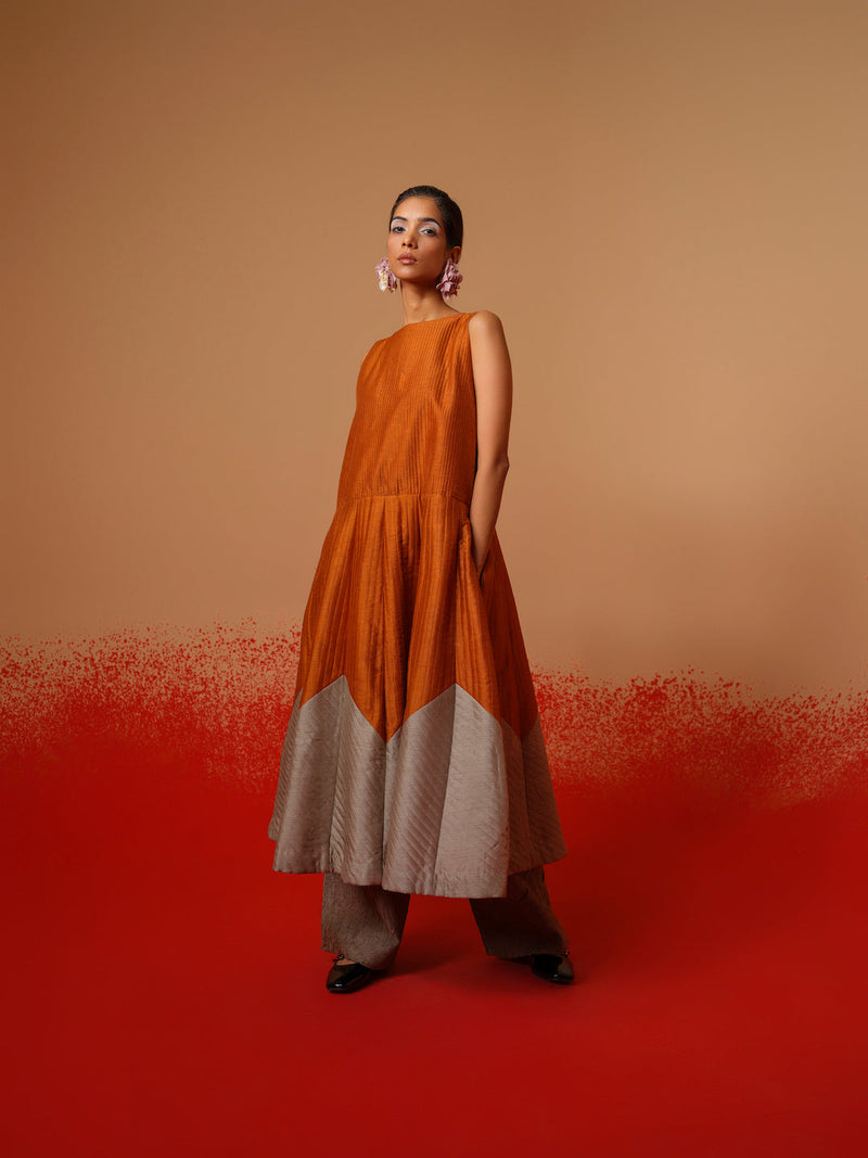Eddy Dress-Rust Orange + Grey mysore silk dresses by Stoique in rust orange, grey for women Worldwide