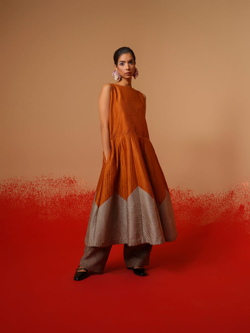 Eddy Dress-Rust Orange + Grey mysore silk dresses by Stoique in rust orange, grey for women Worldwide