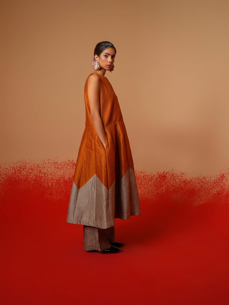 Eddy Dress-Rust Orange + Grey mysore silk dresses by Stoique in rust orange, grey for women Worldwide
